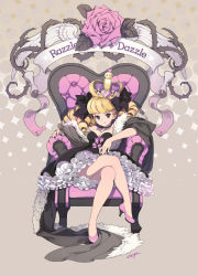 1girl blonde_hair bow chair chkuyomi crossed_legs crown dress drill_hair female_focus flower frills long_hair original pink_flower pink_rose plant purple_crown purple_eyes rose sitting solo thorns vines wings