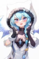 Rule 34 | 1girl, blue hair, blue wings, braid, braided ponytail, crystal wings, dragon girl, dragon horns, dragon wings, fur-trimmed gloves, fur-trimmed hood, fur-trimmed sleeves, fur trim, gloves, highres, hood, hood up, horns, light blue hair, looking at viewer, okg, pinching sleeves, princess connect!, purple eyes, sheffy (princess connect!), solo, wings