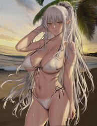 Rule 34 | 1girl, ariane glenys maple, beach, bikini, breasts, cleavage, collarbone, commentary, covered erect nipples, elf, front-tie bikini top, front-tie top, gaikotsu kishi-sama tadaima isekai e odekake-chuu, hair between eyes, hand up, highres, jeneral, large breasts, long hair, navel, ocean, pointy ears, ponytail, side-tie bikini bottom, solo, standing, stomach, sunset, swimsuit, thighs, very long hair, wet, white bikini, yellow eyes