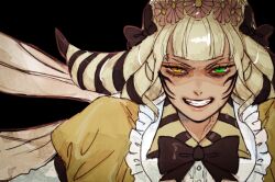 1girl black_background black_bow black_bowtie blonde_hair blunt_bangs bow bowtie facial_mark final_fantasy final_fantasy_xiv flower green_eyes grin hair_bow hair_flower hair_ornament heterochromia honey_b._lovely looking_at_viewer medium_hair multicolored_hair oyatsuredgray port smile solo straight-on two-tone_hair veins yellow_eyes