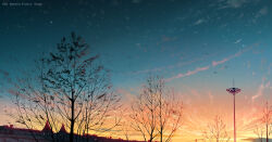 absurdres bare_tree bird blue_sky building cloud dusk gradient_sky guiyi_tonghua highres no_humans orange_sky original outdoors power_lines scenery sky star_(sky) sunset tower tree utility_pole