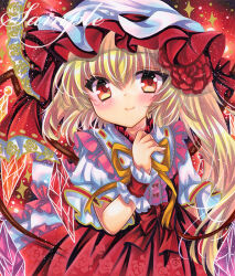 1girl blonde_hair crystal_wings flandre_scarlet flower hair_flower hair_ornament hat long_hair marker_(medium) mob_cap neck_ribbon red_eyes red_flower red_skirt ribbon rui_(sugar3) sample_watermark short_sleeves skirt solo touhou traditional_media upper_body watermark wrist_cuffs yellow_ribbon