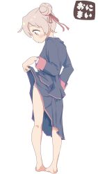 1girl absurdres bare_legs barefoot black_jacket black_skirt blush brown_eyes clothes_lift commentary copyright_name double_bun from_behind hair_bun hair_ribbon highres jacket jibijibipen kneepits lifting_own_clothes long_sleeves looking_down onii-chan_wa_oshimai! oyama_mahiro panties panty_peek pigeon-toed red_ribbon ribbon simple_background skirt skirt_lift solo standing underwear white_background white_panties