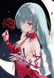 1girl bandage_over_one_eye bandaged_arm bandages bare_shoulders braid breasts closed_mouth collarbone commentary cowboy_shot detached_sleeves dress earrings fingernails flower grey_eyes highres holding holding_flower jewelry long_hair looking_at_viewer low_twin_braids medium_breasts multicolored_hair nail_polish phrolova_(wuthering_waves) red_dress red_nails red_petals single_detached_sleeve solo spider_lily streaked_hair tacet_mark_(wuthering_waves) touhourh twin_braids wuthering_waves