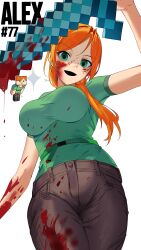 Rule 34 | 1girl, absurdres, alex (minecraft), blood, blood on arm, blood on clothes, blood on face, bloody weapon, bright pupils, brown pants, character name, evil grin, evil smile, green eyes, green shirt, grin, highres, long hair, looking at viewer, minecraft, minecraft sword, orange hair, pants, ponytail, shirt, short sleeves, simple background, smile, solo, sparkle, sword, weapon, white background, white pupils, yasaikakiage