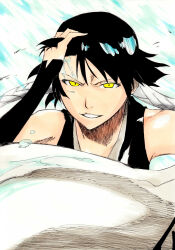 1girl bare_shoulders black_hair black_kimono bleach commentary_request detached_sleeves hand_on_own_head hand_up highres japanese_clothes ken&#039;ichi_(ken1ro_u) kimono kubo_tite_(style) looking_at_viewer official_style parted_lips short_hair sleeveless sleeveless_kimono smile solo sui-feng upper_body v-shaped_eyebrows wind yellow_eyes