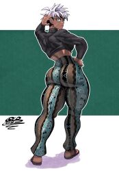 1girl absurdres ass black_shirt forbidden_pants full_body green_background green_eyes hand_on_own_hip highres kalara_(vertacularrld) looking_at_viewer looking_back meme_attire multicolored_pants muscular muscular_female original pants print_pants scar scar_on_face shirt short_hair signature standing two-tone_background vertacularrld white_background white_hair