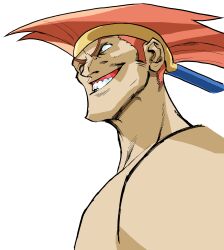 1boy adon_(street_fighter) bengus capcom flattop game_cg grin headband highres male_focus mongkhon non-web_source official_art orange_hair portrait simple_background smile solo street_fighter street_fighter_zero_(series) teeth upper_body v-shaped_eyebrows white_background