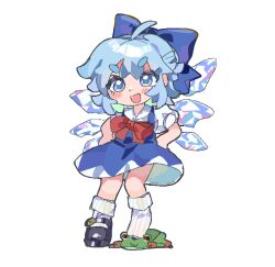 Rule 34 | 1girl, blue bow, blue dress, blue eyes, blue hair, blue shirt, blush, bow, cirno, collar, collared shirt, dress, embodiment of scarlet devil, fairy wings, frilled shirt collar, frills, frog, ice, ice wings, juliet sleeves, kuzucirno, long sleeves, looking at viewer, mary janes, puffy sleeves, red bow, self-upload, shirt, shoes, short hair, single shoe, skirt, socks, stepped on, touhou, white background, wings