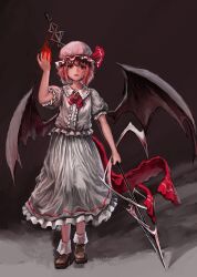 Rule 34 | 1girl, absurdres, bat wings, boots, brown boots, brown shoes, center frills, collared shirt, commentary request, frills, full body, hat, hat ribbon, highres, holding, holding polearm, holding weapon, looking at viewer, mob cap, open mouth, polearm, red brooch, red eyes, red hair, red ribbon, remilia scarlet, ribbon, shirt, shoes, skirt, socks, solo, spear the gungnir, touhou, weapon, white shirt, white skirt, white socks, wings, zhuxie1264852