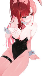 1girl absurdres akane_lize alternate_costume bare_shoulders black_eyes black_leotard blush bow bowtie breasts cleavage closed_mouth covered_navel detached_collar hand_on_own_chest highleg highleg_leotard highres huhi_(huhi_1211) leotard looking_to_the_side medium_breasts multicolored_hair nose_blush playboy_bunny ponytail pout raised_eyebrow red_hair sidelocks simple_background sitting skindentation solo stellive strapless strapless_leotard streaked_hair thigh_strap thighs virtual_youtuber white_background wrist_cuffs