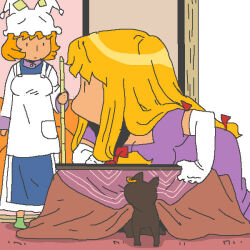 2girls apron black_cat blonde_hair blue_dress bow cat chen chen_(cat) commentary_request dress earrings elbow_gloves full_body gloves green_socks hair_bow indoors jewelry kappougi kotatsu leaning_forward long_hair looking_at_another multiple_girls oekaki onikobe_rin purple_dress red_bow short_hair single_earring sitting socks standing table touhou under_kotatsu under_table white_apron white_gloves yakumo_ran yakumo_yukari