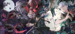 3boys 6+girls abby_(wuthering_waves) baizhi_(wuthering_waves) black_dress black_hair black_jacket black_pants black_shirt breasts card changli_(wuthering_waves) chixia_(wuthering_waves) closed_mouth coat commentary_request creature_and_personification cross cross_earrings dragon dreamless_(wuthering_waves) dress earrings eastern_dragon eastern_dragon_horns faceoff finger_gun green_hair grey_shirt heterochromia highres holding holding_card holding_sword holding_weapon horns jacket jewelry jinhsi_(wuthering_waves) jiyan_(wuthering_waves) jue_(wuthering_waves) kuji-in large_breasts luxiya_(wuthering_waves) male_rover_(wuthering_waves) multiple_boys multiple_girls pants personification phrolova_(wuthering_waves) pokkkkaringo ponytail red_coat red_hair rover_(wuthering_waves) sanhua_(wuthering_waves) scar_(aberrant_nightmare)_(wuthering_waves) scar_(wuthering_waves) shirt sleeves_rolled_up sword tacet_discord_(wuthering_waves) tacet_mark_(wuthering_waves) toned toned_male weapon white_hair wuthering_waves yangyang_(wuthering_waves) yellow_eyes yellow_horns you&#039;tan_(wuthering_waves)