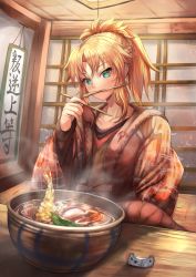 1girl aqua_eyes blonde_hair bowl braid brown_shirt ceiling chopstick_rest chopsticks collarbone commentary_request dutch_text fate/grand_order fate_(series) female_focus food half_updo hanging_scroll highres holding holding_chopsticks indoors kotatsu long_sleeves looking_at_viewer mordred_(fate) mordred_(fate/apocrypha) mouth_hold noodles ohako_(ohako1818) ponytail ramen robe scroll shirt shirt_under_shirt short_ponytail shrimp shrimp_tempura sidelocks sliding_doors solo soup steam table tempura under_kotatsu under_table upper_body