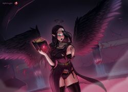 1girl :o alrissa_cynnesh black_bra black_hair black_nails black_panties black_thighhighs black_wings book bra breasts broken_halo earrings fallen_angel feathered_wings grabbing_own_breast habit halo highres jewelry magic mephiscrypie nipples open_book original panties pointy_ears pussy_juice robe teeth thighhighs torn_clothes torn_robe underwear wings