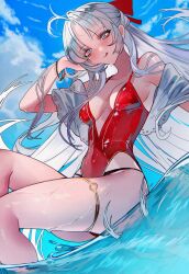 1girl :q aqua_eyes bare_shoulders blue_sky blush breasts carlotta_(wuthering_waves) casual_one-piece_swimsuit closed_mouth commentary day hand_up highleg highleg_one-piece_swimsuit highres long_hair looking_at_viewer medium_breasts official_alternate_costume one-piece_swimsuit outdoors parted_bangs red_one-piece_swimsuit sanya_(sanya_lox228) sitting sky smile solo swimsuit thighs tongue tongue_out very_long_hair water wet wuthering_waves