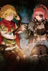 2girls armor bad_link bags_under_eyes belt biting_own_lip blonde_hair boots camouflage_hairband camouflage_scarf circlet cropped_legs cz2128_delta dark_background dress eyepatch green_eyes hand_up highres holding_hands long_hair looking_at_another maid_headdress multiple_girls neia_baraja night official_art overlord_(maruyama) parted_bangs pauldrons pink_hair sanpaku shirt short_hair shoulder_armor single_pauldron sitting so-bin thigh_boots white_shirt wrist_guards