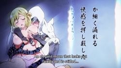 1boy 1girl animated anime_screenshot arm_grab between_breasts blonde_hair blue_eyes blue_necktie blush breasts breasts_out closed_eyes collarbone crying enome futoku_no_guild grabbing_another&#039;s_breast gradient_hair green_hair groin groping highres hood huge_breasts kikuru_madan long_sleeves mature_female multicolored_hair navel necktie nipples panties pink_panties poem restrained shirt side_ponytail sidelocks sitting smile snake sound stomach subtitled thick_thighs thighs torn_clothes torn_necktie torn_shirt underwear video wariza white_hair