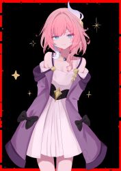 1girl bare_shoulders black_background blue_eyes border breasts buran_033 cleavage coat commentary cyrene_(honkai:_star_rail) dress hair_ornament highres honkai:_star_rail honkai_(series) jewelry medium_hair multicolored_hair necklace pink_hair purple_coat red_border small_breasts solo symbol-only_commentary two-tone_hair white_dress white_hair