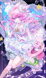1girl :d absurdres animal_ears bloomers boky_baogan bow cloud doll doll_joints dress frilled_dress frills gloves hair_ornament hat highres holding joints long_hair looking_at_viewer multicolored_hair musical_note open_mouth original pink_bow pink_hair purple_eyes sky smile solo star_(symbol) star_hair_ornament stuffed_animal stuffed_rabbit stuffed_toy top_hat underwear white_dress white_gloves