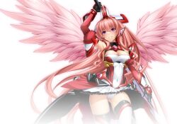 1girl angel_wings arm_up armor armpits bare_shoulders black_gloves blush breasts cleavage cleavage_cutout clothing_cutout covered_navel cowboy_shot detached_sleeves elbow_gloves exs-tia_chevalier exs-tia_chevalier_(kouyoku_senki_exs-tia_r) feathered_wings floating_hair gauntlets gloves gluteal_fold grin headgear highres holding holding_sword holding_weapon huge_weapon inoino kouyoku_senki_exs-tia large_breasts leotard long_hair medium_breasts official_art panties pantyshot pink_hair pink_wings pleated_skirt ponytail purple_eyes rieszverne_suzette_paladill simple_background skirt smile solo standing sword thighhighs underwear vambraces very_long_hair weapon white_background white_panties white_skirt white_thighhighs wind wind_lift wings