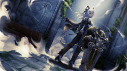 Rule 34 | 1girl, absurdres, arm pouch, ass, black horns, black jacket, black pants, black pouch, black shoes, black tail, breasts, chromatic aberration, commentary, curled horns, cyan paint, demon tail, earrings, english commentary, from behind, grey hair, high heels, highres, horns, jacket, jacket on shoulders, jewelry, key earrings, large breasts, long hair, looking at viewer, looking back, pants, parted lips, red eyes, shield, shirt, shoes, solo, tail, tight clothes, tight pants, white shirt, wuthering waves, zani (wuthering waves)