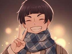 1boy arm_up black_hair blue_scarf blunt_bangs closed_eyes commentary goshiki_tsutomu grey_jacket grin haikyuu!! highres jacket lapels layered_sleeves light_particles long_sleeves male_focus natade_kou09 plaid_clothes plaid_scarf scarf short_hair signature smile solo straight-on symbol-only_commentary teeth upper_body v