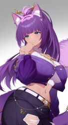 1girl absurdres animal_ear_fluff animal_ears artist_name belt black_pants blue_eyes breasts buttons cardigan cat_ears cat_girl cat_tail cha_cha_(vtuber) commission cropped_cardigan cropped_shirt earrings hair_ornament hair_stick highres indie_virtual_youtuber jewelry linea_alba lips long_hair long_sleeves navel navel_piercing necklace off-shoulder_cardigan pants parted_lips piercing purple_cardigan sakotach solo tail tan torn_clothes torn_pants virtual_youtuber white_belt