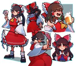 1girl ascot beer_mug black_shoes blue_ascot bobby_socks bow brown_hair closed_eyes closed_mouth cup detached_sleeves gohei hair_bow hakurei_reimu holding holding_cup iganashi1 looking_at_viewer looking_to_the_side medium_hair mug multiple_views ofuda red_bow red_eyes red_shirt red_skirt ribbon-trimmed_sleeves ribbon_trim sarashi shirt shoes sidelocks simple_background skirt smile socks standing touhou white_background white_socks wide_sleeves