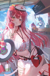 1other 2girls absurdres animal_ears apron bare_shoulders bikini bikini_under_clothes blue_hair blush bracelet breasts cafe cleavage day flower food hair_flower hair_ornament heart heterochromia highres holding hololive holonatsu_paradise houshou_marine_(holonatsu_paradise) ichimi_(houshou_marine) jewelry jinbei_(user_tpny4757) large_breasts long_hair looking_at_viewer multiple_girls off-shoulder_shirt off_shoulder rabbit_ears red_bikini red_eyes red_hair see-through_clothes shirt short_shorts shorts smile solo_focus swimsuit tongue tongue_out tray usada_pekora_(holonatsu_paradise) virtual_youtuber visor_cap white_shirt yellow_eyes