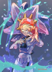 1boy apron ascot blonde_hair blue_ascot blue_eyes commentary_request gen_1_pokemon high_collar long_sleeves majikichi_(miyama) male_focus nintendo pants pokemon pokemon_(creature) pokemon_xy shirt short_hair siebold_(pokemon) spread_fingers starmie water white_pants white_shirt
