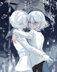 Rule 34 | 2boys, androgynous, blue eyes, blurry, blurry background, commentary, crying, dark-skinned male, dark skin, english commentary, gloves, gwedo metaphor, hair between eyes, highres, hug, looking at viewer, male focus, metaphor: refantazio, multiple boys, protagonist (metaphor: refantazio), rain, smile, standing, streaming tears, tears, the prince (metaphor: refantazio), white gloves, white hair