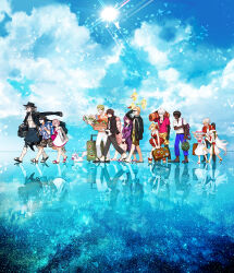Rule 34 | 6+boys, 6+girls, achilles (fate), amakusa shirou (fate), arjuna (fate), black coat, black hair, black sandals, blonde hair, blue pants, blue sky, bow, brown hair, camouflage, camouflage shorts, choebab, coat, dark-skinned male, dark skin, dress, edmond dantes (fate), edmond dantes (monte cristo selection) (fate), fate/grand order, fate (series), flip-flops, food, fou (fate), fruit, fujimaru ritsuka (male), fujimaru ritsuka (male) (tropical summer), gilgamesh (fate), glasses, hat, hawaiian shirt, hector (fate), highres, holding, jack the ripper (fate/apocrypha), jeanne d&#039;arc alter santa lily (fate), karna (fate), long hair, mash kyrielight, mash kyrielight (swimsuit of perpetual summer), medb (fate), multiple boys, multiple girls, nero claudius (fate), nero claudius (modern costume of crimson) (fate), orange shirt, outdoors, pants, pink bow, pink shirt, red dress, reflective floor, rolling suitcase, sandals, scathach (fate), scathach skadi (fate), shirt, short sleeves, shorts, sky, suitcase, sun, sundress, sunglasses, watermelon, white dress