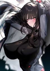 Rule 34 | 1girl, absurdres, arms behind head, black hair, blue archive, blunt bangs, blush, breasts, commentary, covered erect nipples, english commentary, halo, highres, large breasts, long hair, open mouth, red eyes, redcomet, ringed eyes, rio (blue archive), rio (bodysuit) (blue archive), solo, very long hair