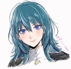 1girl absurdres armor black_armor blue_eyes blue_hair blush closed_mouth commentary_request female_byleth_(fire_emblem) fire_emblem fire_emblem:_three_houses hair_between_eyes highres lips long_hair looking_at_viewer nintendo pink_lips simple_background smile solo tani11a translation_request white_background