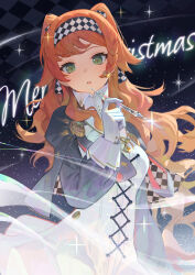 1girl absurdres badge braid checkered_background checkered_clothes checkered_hairband commentary cross-laced_clothes cross-laced_dress ddal dress glass_pen gloves gradient_background green_eyes grey_cloak hairband high_collar highres holding holding_pen jewelry long_hair long_sleeves looking_at_viewer merry_christmas necklace orange_hair parted_lips pen reverse:1999 side_braid sky solo sonetto_(reverse:1999) sparkle star_(sky) star_(symbol) starry_sky starry_sky_background two_side_up upper_body white_dress white_gloves