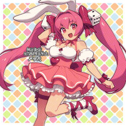 1girl :d bare_shoulders border breasts commentary_request detached_sleeves di_gi_charat dice_hair_ornament dress fang hair_ornament looking_at_viewer medium_breasts metata open_mouth outside_border pink_dress pink_eyes puffy_detached_sleeves puffy_sleeves red_shoes shoes smile socks solo standing standing_on_one_leg twintails usada_hikaru watermark white_border white_sleeves white_socks