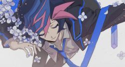 Rule 34 | 1boy, black pants, black sclera, blazer, blue eyes, blue flower, blue hair, blue necktie, blue trim, colored bangs, colored sclera, dress shirt, facing viewer, flower, fujiki yusaku, half-closed eyes, jacket, leaning forward, leaning to the side, light particles, long necktie, looking down, loose necktie, male focus, midair, necktie, novale110, open clothes, open jacket, outstretched arms, pants, partially unbuttoned, resting, school uniform, shirt, spiked hair, untucked shirt, white background, white shirt, yu-gi-oh!, yu-gi-oh! vrains