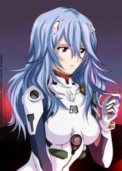 Rule 34 | 1girl, ayanami rei, blue hair, bodysuit, breasts, evangelion: 3.0+1.0 thrice upon a time, expressionless, hair between eyes, hair ornament, long hair, mecha pilot suit, night, night sky, plugsuit, rebuild of evangelion, red eyes, sky