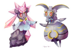 :d :o commentary creature diancie english_commentary eye_contact full_body gen_6_pokemon gen_7_pokemon happy legendary_pokemon looking_at_another magearna magearna_(normal) mythical_pokemon nintendo no_humans open_mouth pokemon pokemon_(creature) red_eyes signature simple_background smile tyma_(mtymas) white_background