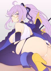 1girl after_anal aftersex ahoge aisha_landar ass blush boots breasts cum cum_in_ass detached_sleeves elsword eyewear_strap from_behind glasses hair_ribbon high_heel_boots high_heels large_breasts long_hair looking_back lord_azoth_(elsword) nipples parted_lips ponytail purple_eyes purple_hair purple_ribbon ribbon semi-rimless_eyewear shirt simple_background sleeveless sleeveless_shirt solo thigh_boots torn_clothes waero white_shirt