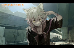 1boy ahoge animal_ears arm_up bandaged_wrist bandages bandaid_on_chest black_jacket black_shirt blonde_hair blood blood_on_face child closed_mouth commission gradient_hair hair_between_eyes hair_ornament hairclip highres hood hood_down hooded_jacket jacket jewelry letterboxed light_particles looking_at_viewer male_focus multicolored_hair necklace okai_yuda original pink_hair post-apocalypse ruins shirt tail torn_clothes torn_shirt two-tone_hair wolf_boy wolf_ears wolf_tail yellow_eyes