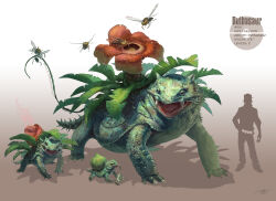 absurdres animal_focus arvalis baseball_cap bulbasaur character_name commentary creature english_commentary english_text fangs flower gen_1_pokemon gen_3_pokemon gradient_background hat height highres holding holding_poke_ball ivysaur lizard nincada ninjask nintendo nostrils poke_ball pokemon pokemon_(creature) pollen realistic red_eyes red_flower shadow venusaur vine_whip