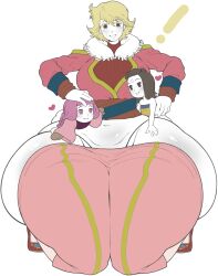 1girl 2futa age_difference ass baten_kaitos blonde_hair breasts brown_hair clothed_sex futa_with_female futanari hand_on_another&#039;s_head huge_ass looking_at_viewer multiple_futa pink_hair simple_background size_difference thanuki white_background xelha_(baten_kaitos)