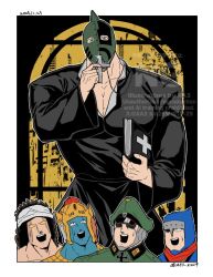 2024 5boys aa3_kin29 ashuraman bandages bible_(object) blue_skin brocken_jr. buffaloman colored_skin cross cross_necklace curly_hair green_hat green_mask hat jewelry kinnikuman kinnikuman_soldier military_hat military_uniform multiple_boys necklace no_pupils open_mouth priest red_scarf scarf signature the_ninja_(kinnikuman) yellow_eyes
