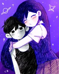 1boy 1girl arms_around_neck black_eyes black_hair black_tank_top blush brother_and_sister closed_eyes closed_mouth greyscale highres hug kokomi_(aniesuakkaman) looking_at_another mari_(headspace)_(omori) mari_(omori) monochrome o3o omori omori_(omori) planet pleated_skirt purple_hair purple_sweater_vest red_skirt shirt short_hair siblings skirt star_(symbol) star_symbol_background sweater_vest tank_top white_shirt