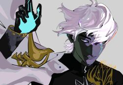 1boy 8uiiku armor black_gloves black_shirt blue_eyes colored_skin fate/grand_order fate_(series) gloves grey_skin indra_(fate) lightning_bolt_facial_mark male_focus pauldrons portrait shirt short_hair shoulder_armor single_pauldron solo white_hair wind