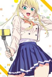1girl blazer blonde_hair blue_skirt blush bow bowtie breasts cellphone cleaned cover cover_page dot_nose fangs female_focus green_eyes highres hiroyuki hoshizaki_rika_(kanojo_mo_kanojo) jacket kanojo_mo_kanojo large_breasts long_hair long_sleeves looking_at_viewer manga_cover miniskirt official_art open_mouth orange_bow orange_bowtie phone pleated_skirt school_uniform selfie_stick shirt shirt_tucked_in skirt smartphone smile solo solo_focus teeth thighs twintails upper_teeth_only white_shirt
