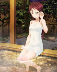 1girl artbook barefoot blush breasts collarbone covered_navel highres long_hair looking_at_viewer love_live! love_live!_sunshine!! medium_breasts naked_towel non-web_source official_art onsen plant red_hair sakurauchi_riko sitting smile soaking_feet solo towel tucking_hair water yellow_eyes