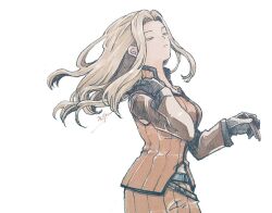 1girl belt black_gloves blonde_hair breasts brown_sleeves closed_eyes closed_mouth cowboy_shot detached_sleeves final_fantasy final_fantasy_viii gloves hand_on_own_shoulder holding_hairpin long_hair medium_breasts michibata_65 midriff_peek multiple_belts orange_skirt orange_vest parted_bangs quistis_trepe skirt solo vest white_background